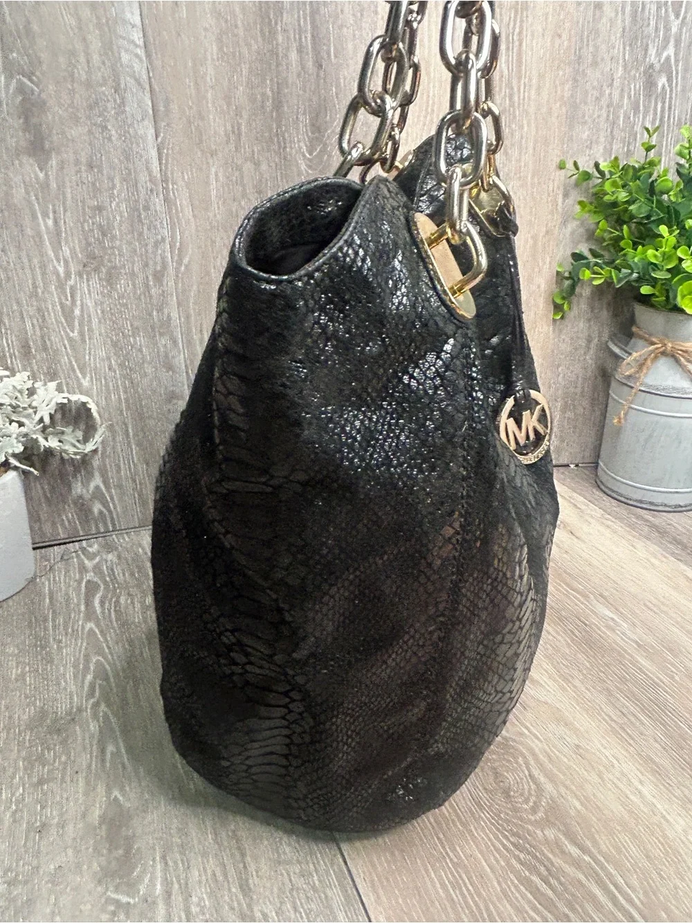 Michael Kors Black Python Embossed Leather Hobo Shoulder Bag Gold Chain